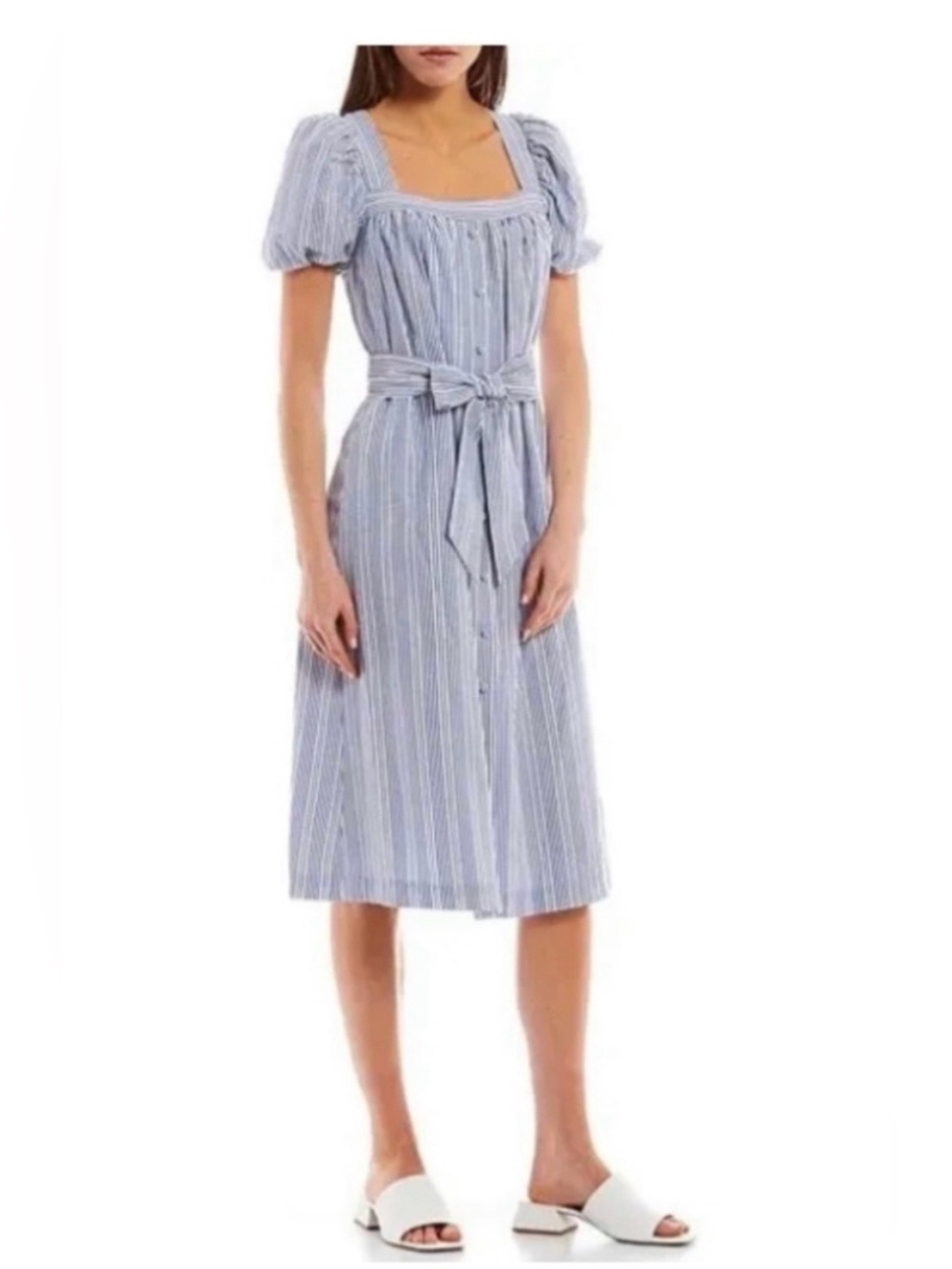 Alex Marie Blue White Stripe Puff Sleeve Midi Dress Belted NWT